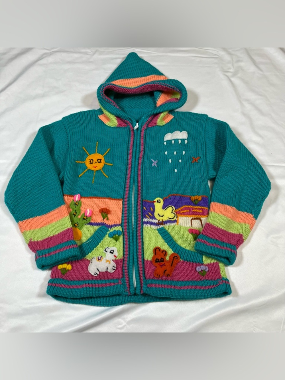 Peruvian Wool Knitted Sweater with hoodie Full Zip Colorful Farm Animals Size 2t